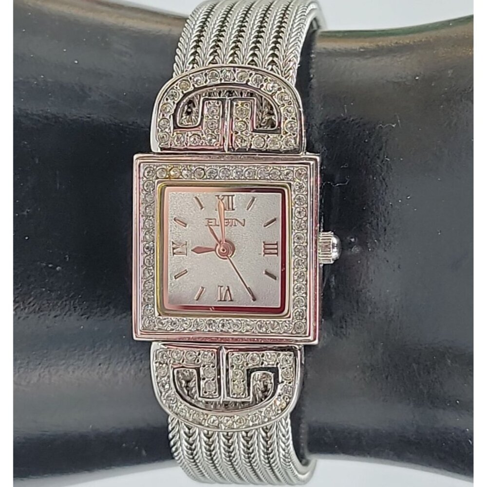 Elgin Ladies Heirloom Quartz Watch Silver Mesh Band Crystal 18mm Rhinestone Dial